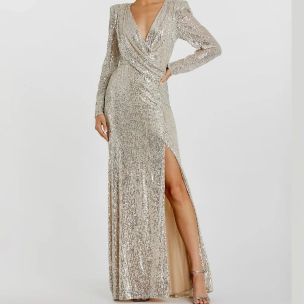 Ieena for Mac Duggal Faux Wrap Ruched Gown Womens 2 Silver Tan Sequins
